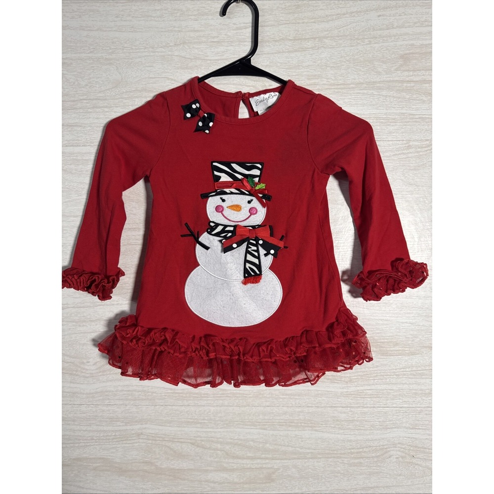 Emily Rose red holiday tunic Snowman Zebra Stripes Hat /scarf Sz 4 Top Only